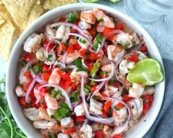 shrimp ceviche in white bowl