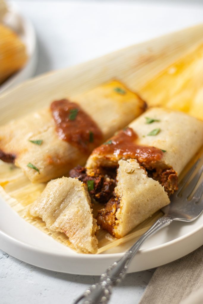 Authentic Mexican red chile colorado pork Tamales on a white plate. Fork on the side. Tamales topped with salsa