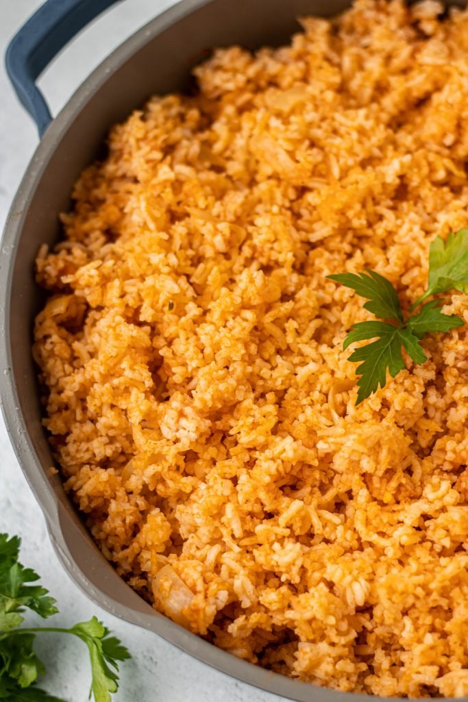 Close up of pan with Authentic Mexican Rice