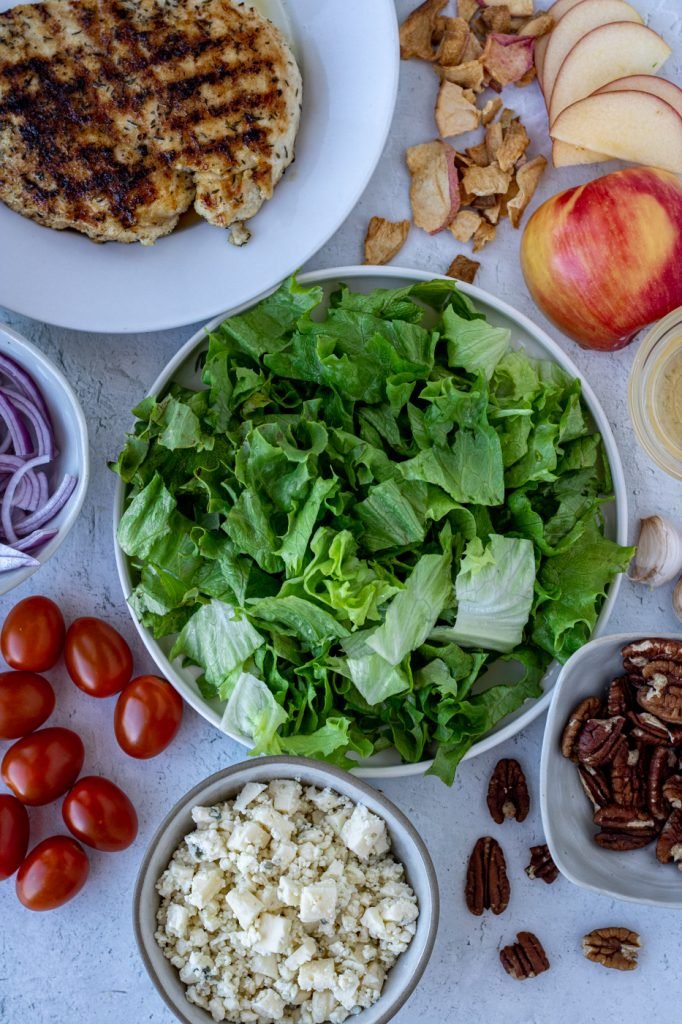 Grilled chicken on plate, plate of romaine lettuce, small bowl with gorgonzola cheese, cherry tomatoes, small bowl of pecans, apple chips, sliced apple